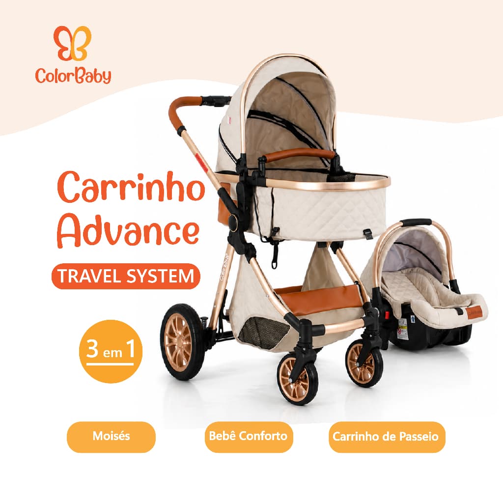 Carrinho Advance com bebê conforto 3 em 1 - Moisés + Bebê Conforto + Carrinho de Passeio - ColorBaby