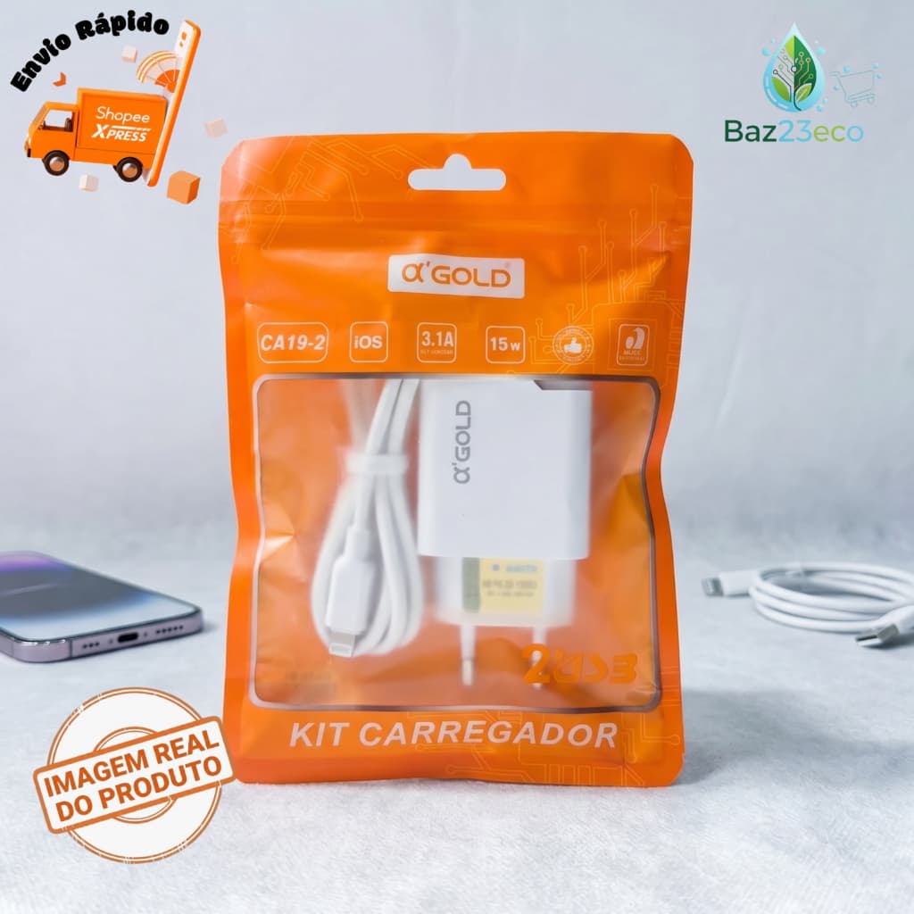 Kit Carregador de Celular iPhone Lightning A'Gold 15W 3.1A | Carregamento Rápido 2 Entradas USB