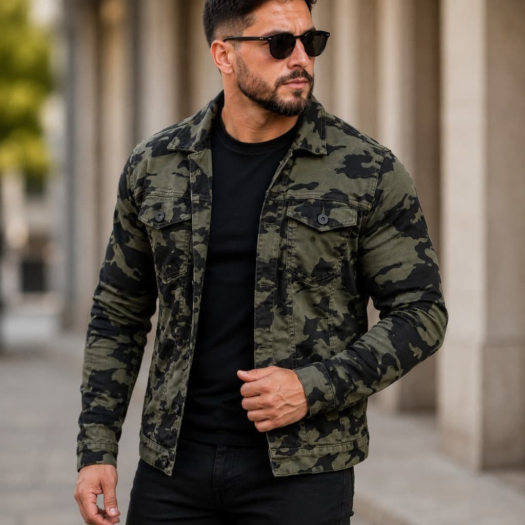 Jaqueta Jeans Masculina Com Lycra Militar Camuflada Premium