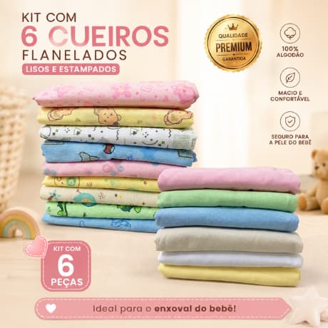 Kit com 6 Cueiros Flanelados Liso / Estampado Menino e Menina Bebê Enxoval