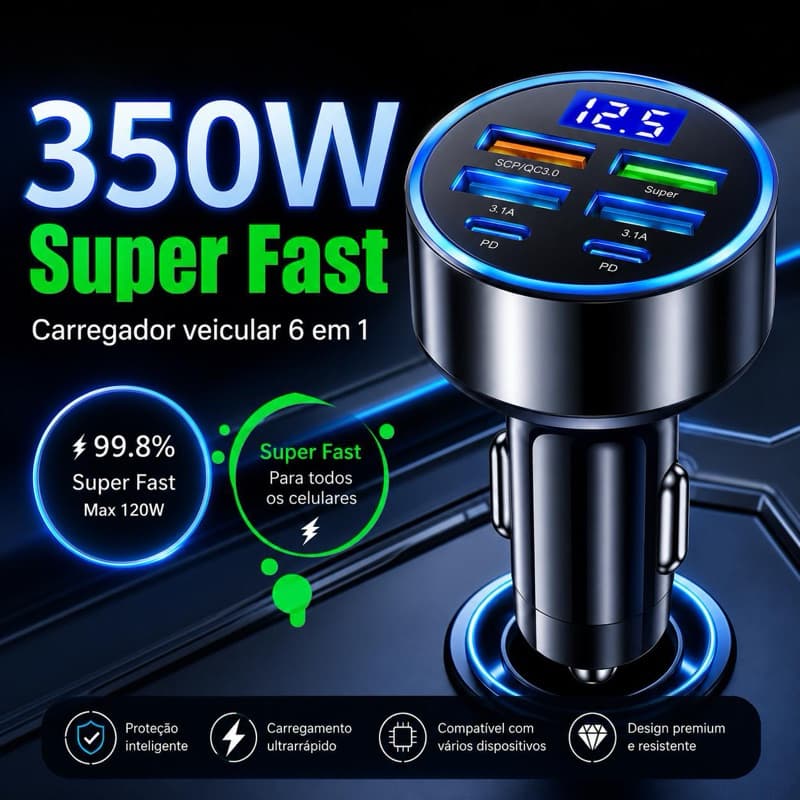 Carregador Veicular 350W Turbo 6 Portas Turbo USB + USB-C PD Carga Rápida Display Led