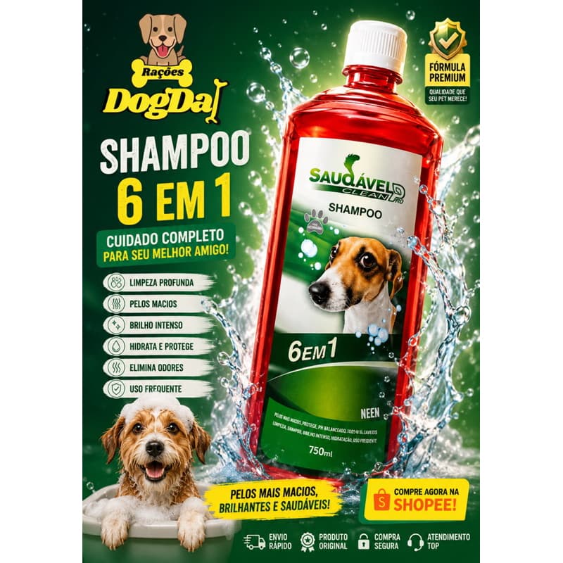 Shampoo Saudável Pro Clean 6 em 1 antipulgas, carrapatos, piolhos e sarnas 750ml Cuidado Completo para Pets