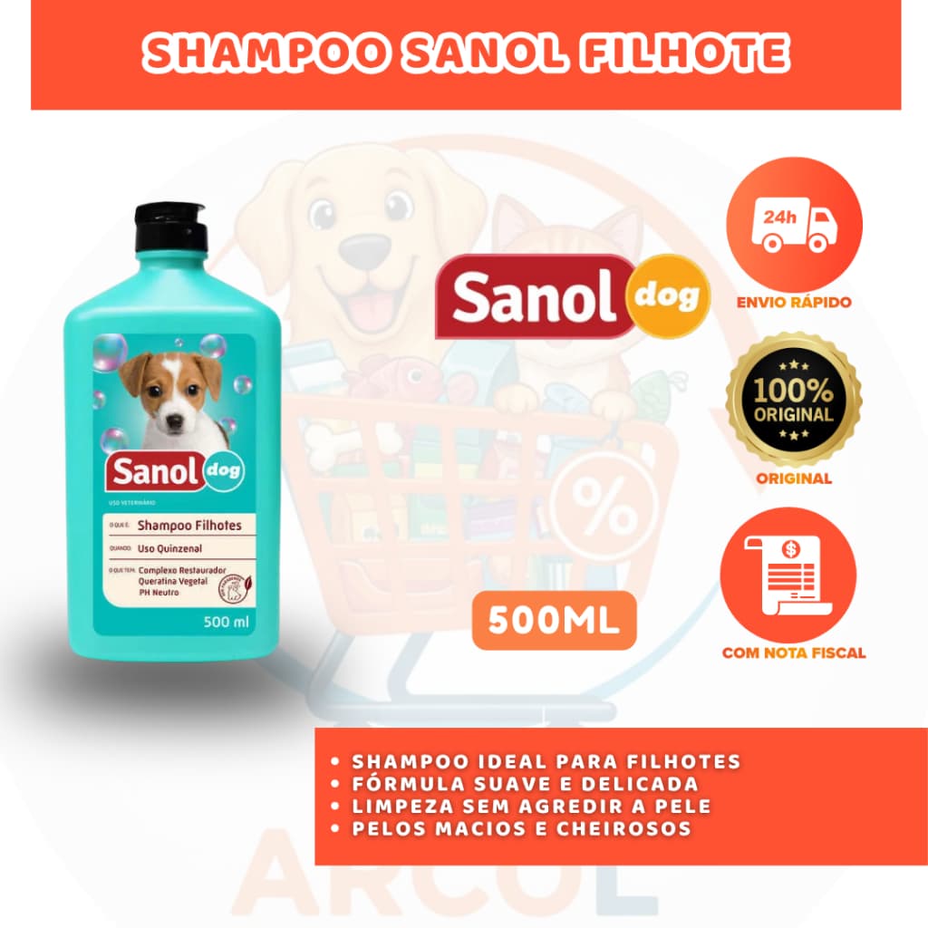 SHAMPOO SANOL FILHOTE 500ML HIGIENE SEGURA PARA FILHOTES DE CÃES E GATOS