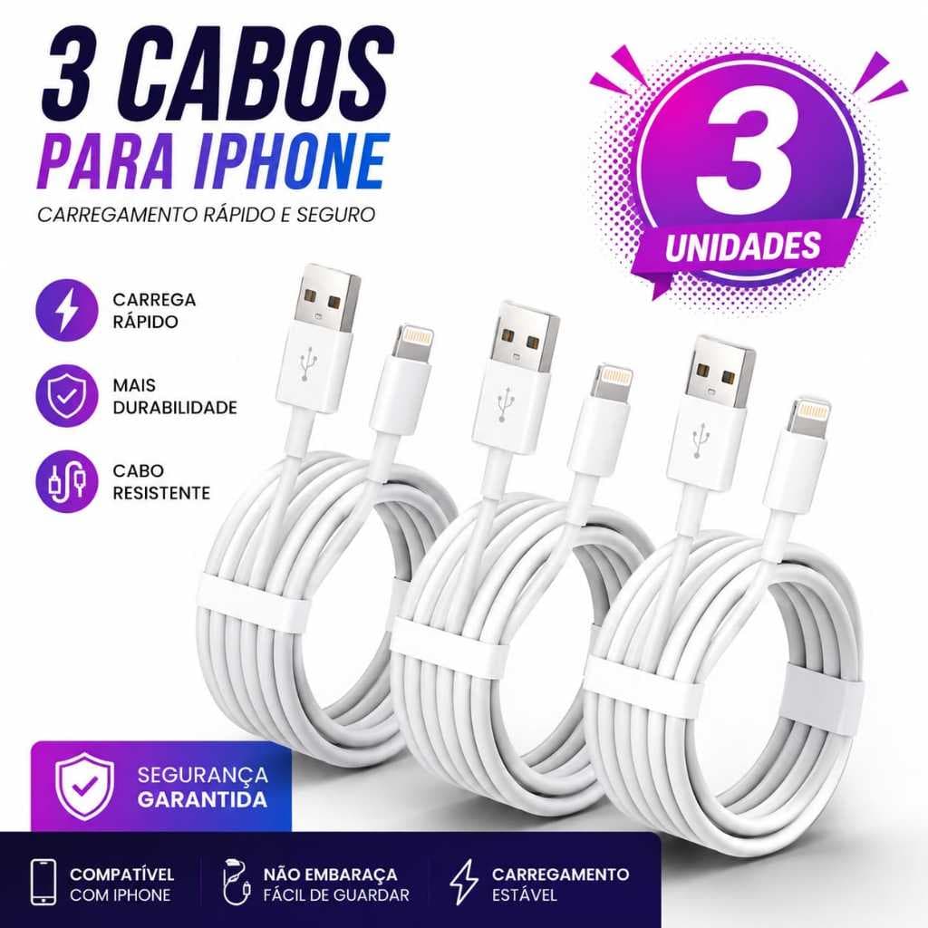 Kit 3 Cabos Lightning Iphone USB Compativel Iphone 7 8 XR 11 12 13 14 PRO MAX 1m Carregamento Rápido