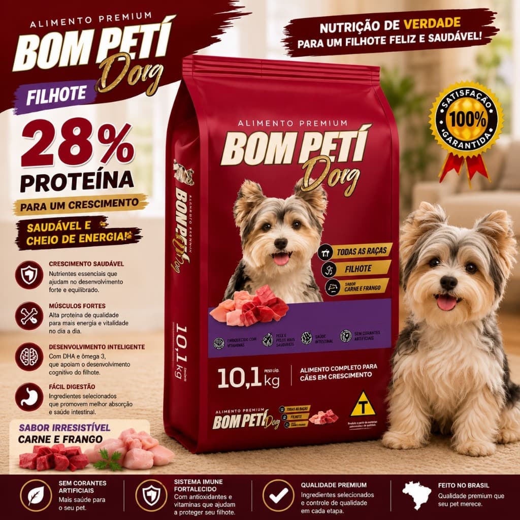 Ração Cachorro Filhote 10kg Bom Petí Dog Premium Sabor Carne Frango Nível Proteína 28%