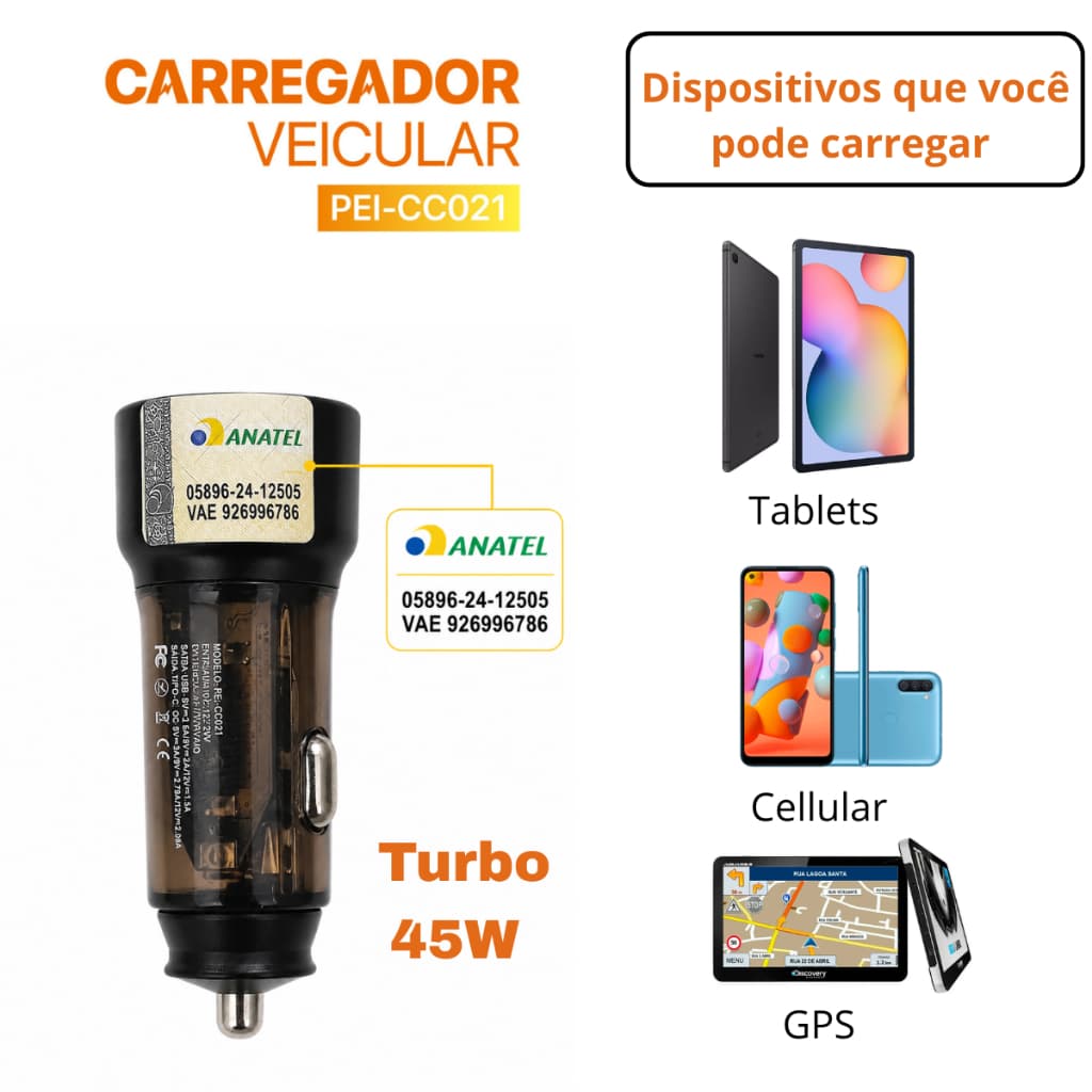 Carregador Veicular Turbo 45W 2 Entradas USB C e USB Para Celular GPS e Tablet Android e IOS