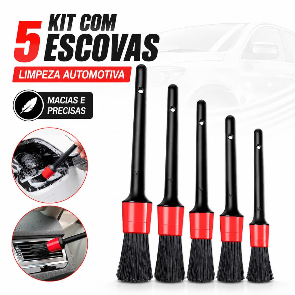 Kit 5 Pincéis Detailing Automotivo Escovas Macias para Limpeza Interna e Externa