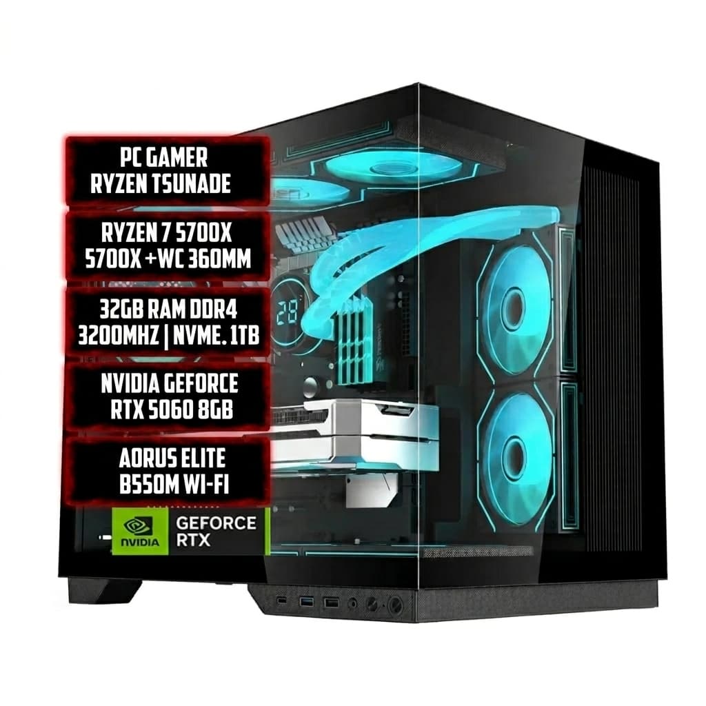 PC GAMER RYZEN TSUNADE 7 5700X, AORUS  ELITE B550M, DDR4 32GB, 1TB, RTX 5060 8GB, WC 360MM, WI-FI