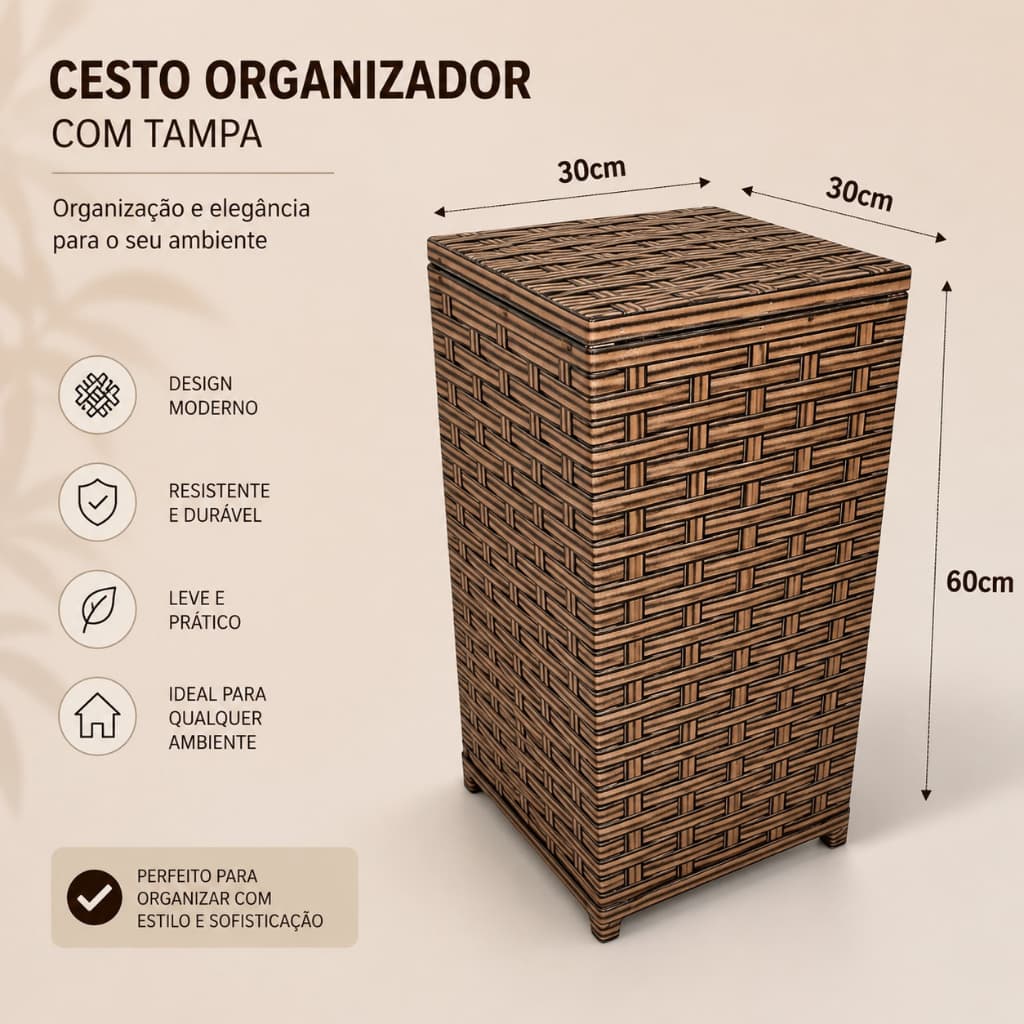 Cesto Roupa Suja Fibra Sintética 30x30x60 Com Tampa Organizador Lavanderia Banheiro