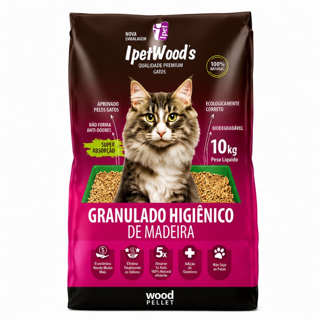 Areia Sanitária Granulado Ipet Woods 10kg Madeira Para Gatos