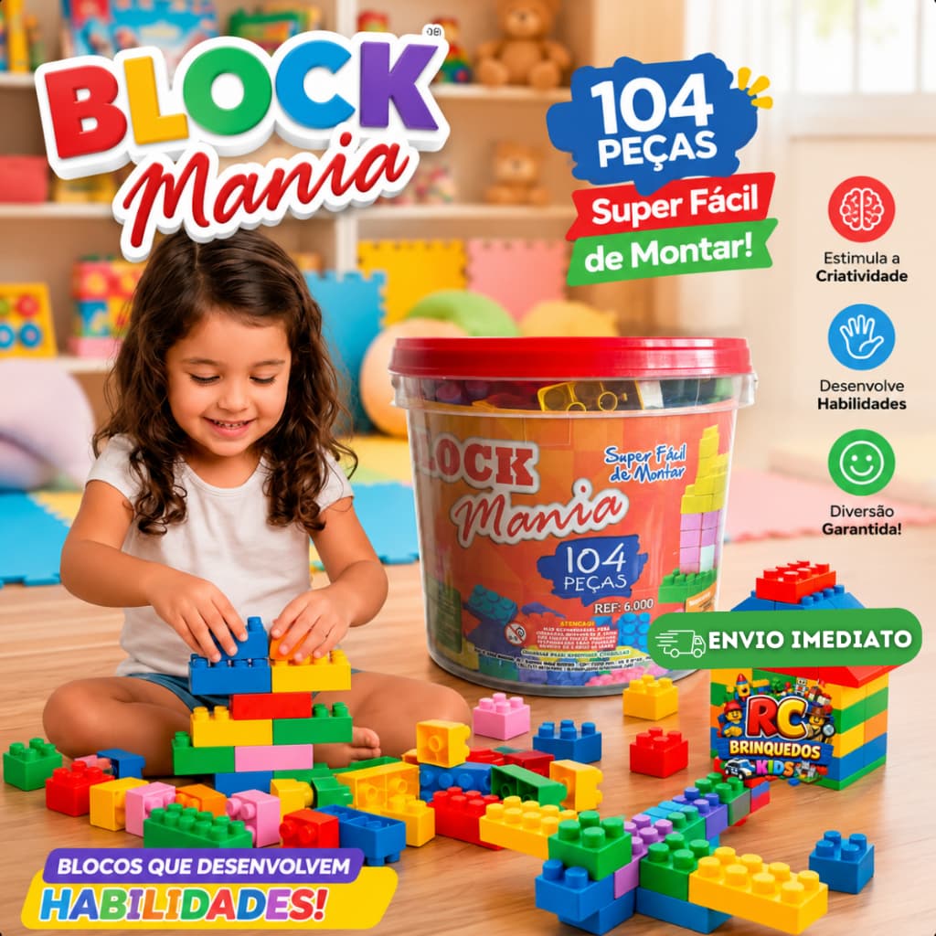 Balde Blocos de Montar 104 Peças Brinquedo Infantil Educativo Desenvolve Coordenação Motora