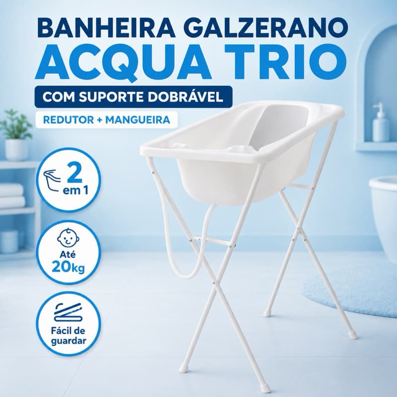Banheira Bebê Galzerano Original Acqua Trio com Suporte Dobrável Redutor e Mangueira Até 20kg