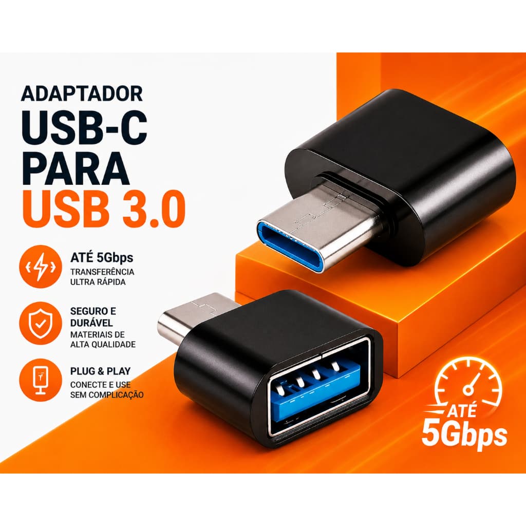 Adaptador OTG USB-C para USB-A USB 3.0 5Gbps Tipo C Android, Tablet e iPhone 15
