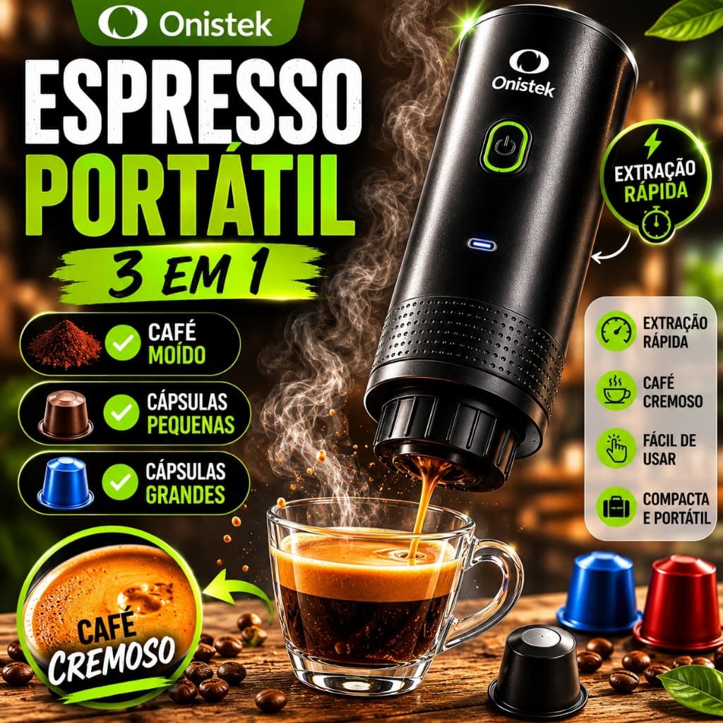 Máquina de Café Expresso Portátil 3 em 1 Elétrica Preta Cafeteira cápsulas ou Café Moído Onistek