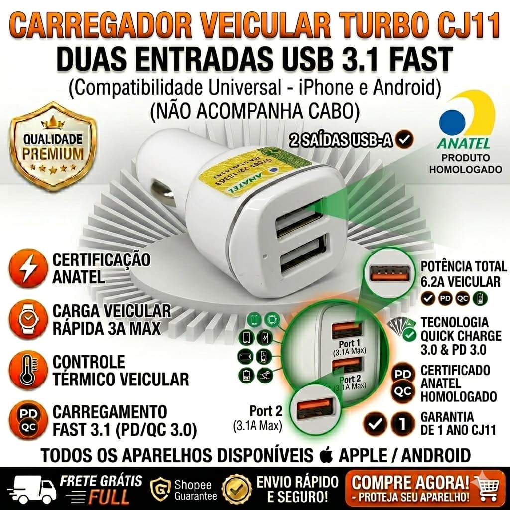CARREGADOR VEICULAR TURBO 3.1A COM 2 ENTRADAS USB-A CJ11