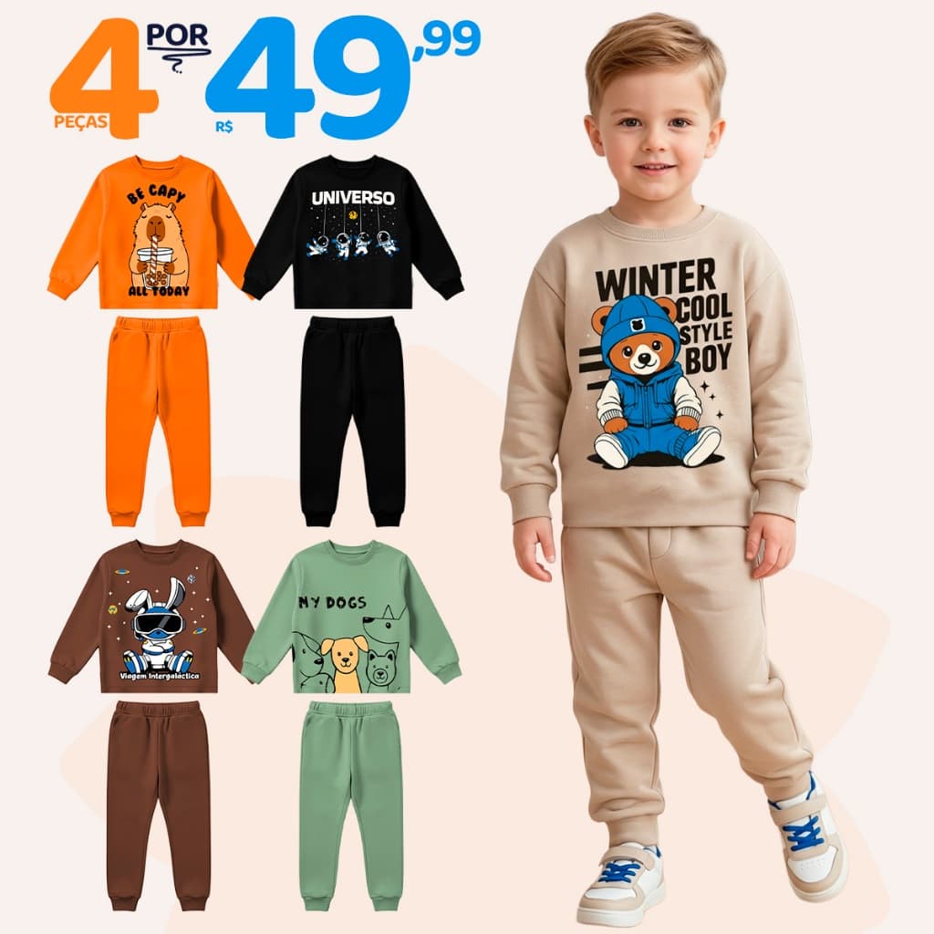 Kit Sortido 4 Peças de Roupas Masculino Infantil Inverno – 2 blusas casacos + 2 calças de 1 ao 10 – Kit 2 Conjuntos