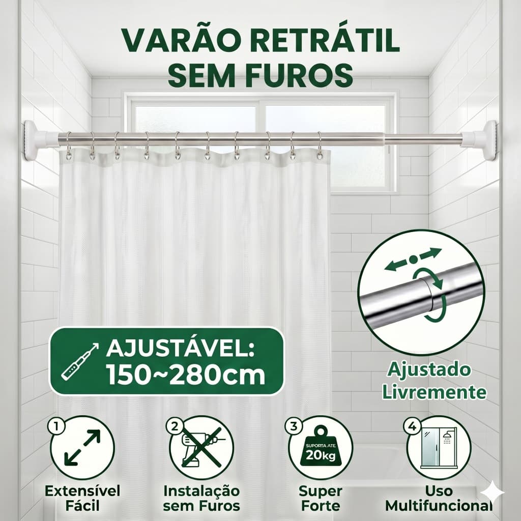 Varão de Cortina Ajustável - No Drilling Required Curtain Rod I Adjustable Shower Curtain Rod Suporta até 20kg, Versátil