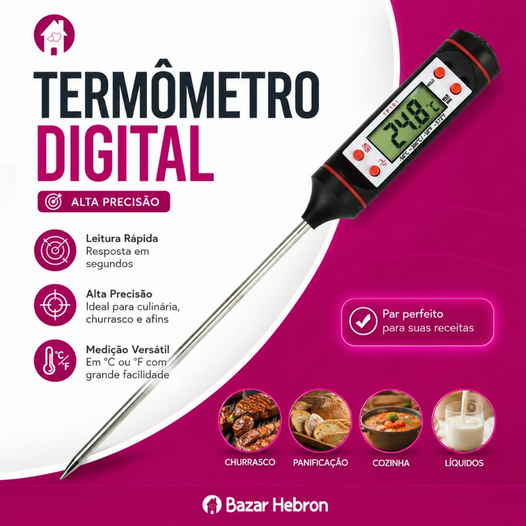Termômetro Digital Culinário de Cozinha Medidor de Temperatura para Carne Churrasco Leite Forno