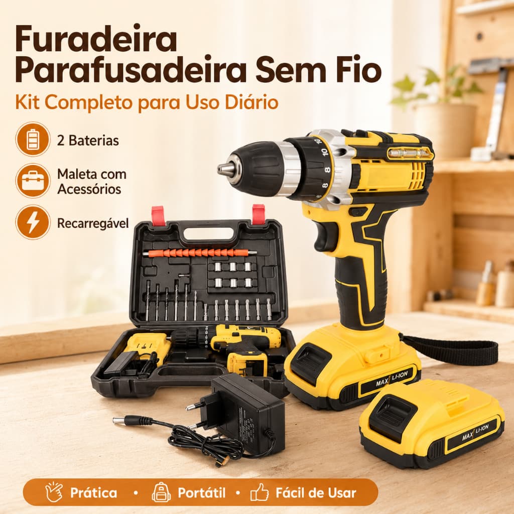 Furadeira Parafusadeira 48V Profissional com 2 Baterias Kit Completo Brocas e Acessórios para Eletricista e Construção