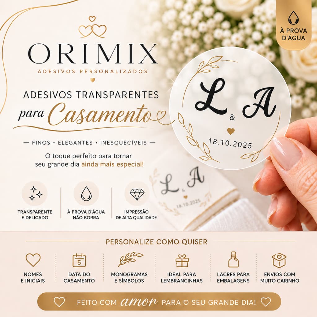 100 Adesivos Transparente Personalizado Casamento | Iniciais Noivos | À Prova D’Água |Lembrança Luxo