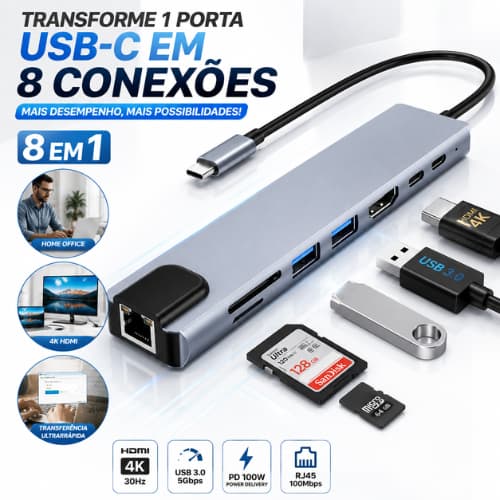 Hub USB C 8 Em 1 HDMI 4K Adaptador Type C Dock Station USB 3.0 RJ45 PD 100W Leitor SD TF Para Notebook MacBook Air M1 M2