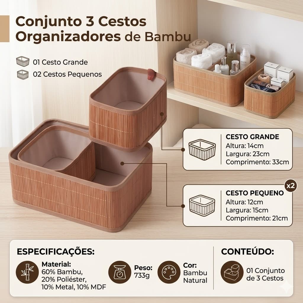 Cesto bambu, cesto organizador, cesto organizador banheiro, cesto para quarto, cesto multiuso