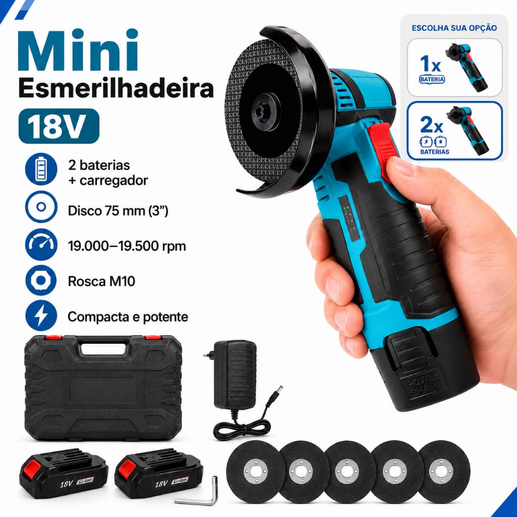 Esmerilhadeira Angular Mini 18v Sem Fio Recarregável 2 Baterias Kit com Discos de Corte para Desbaste