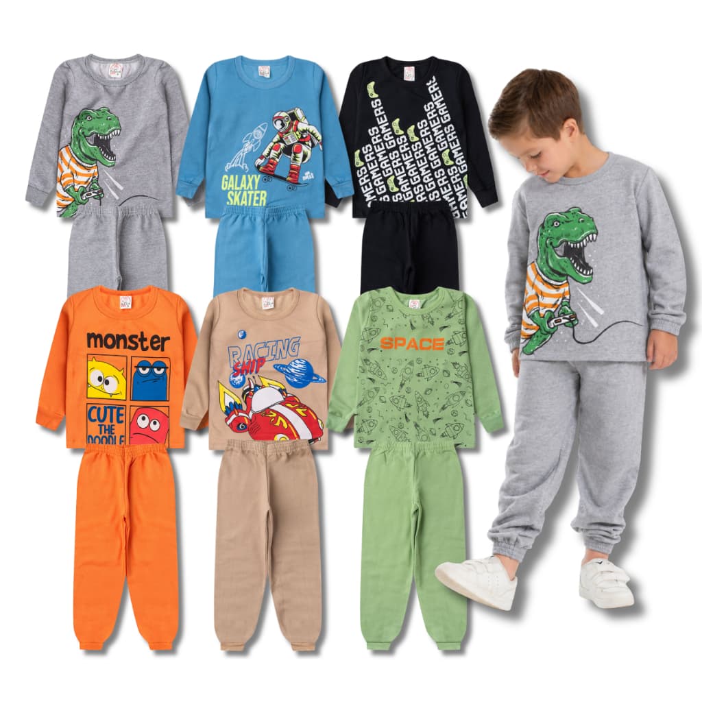 Kit 12 Peças Moletom Masculino Infantil Inverno - Kit 6 Conjuntos Moletom - 6 Casacos + 6 Calças