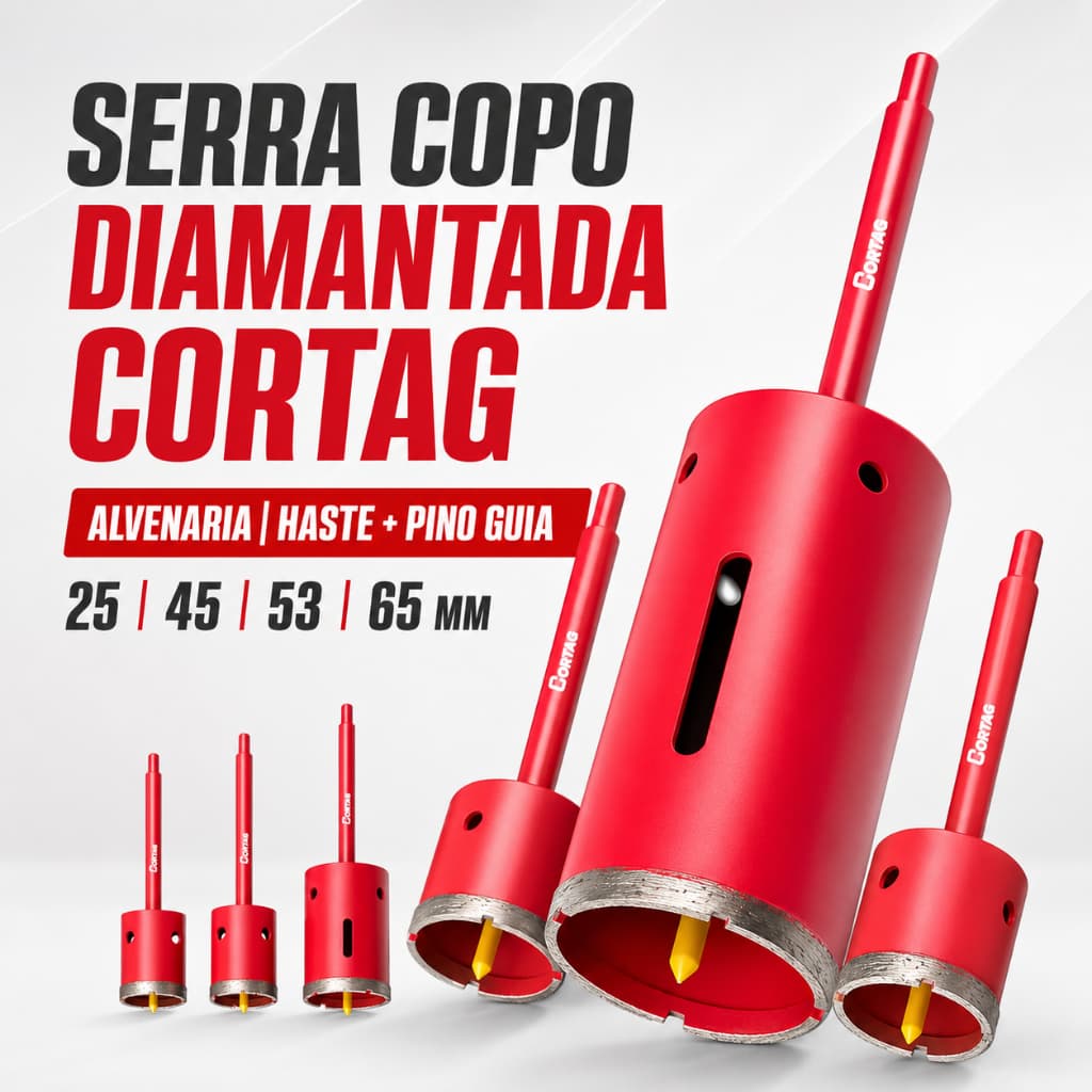 Serra Copo Diamantada Cortag Alvenaria com Haste 10mm e Pino Guia 25 45 53 ou 65mm