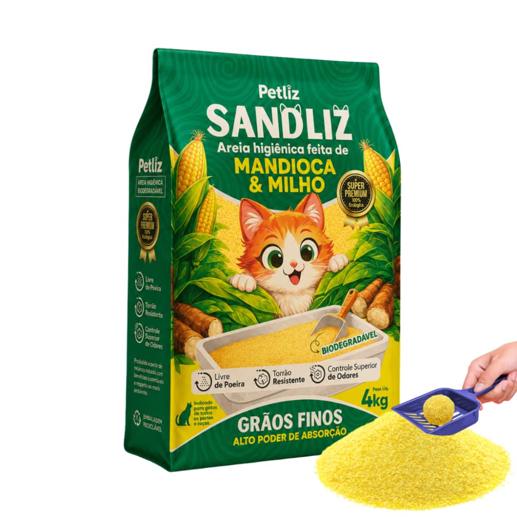 Areia Sanitária Higiênica Natural Premium Grãos Finos de Milho e Mandioca Gatos Sandliz Petliz 4 kg