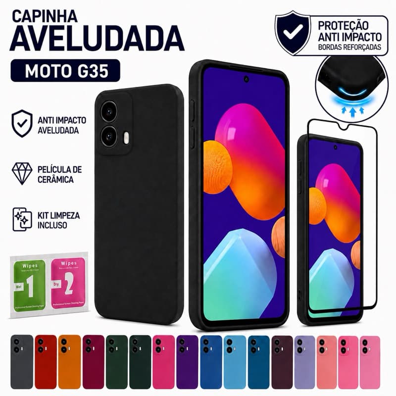 Capinha Capa Moto G35 Anti Impacto Aveludada + Película de Cerâmica