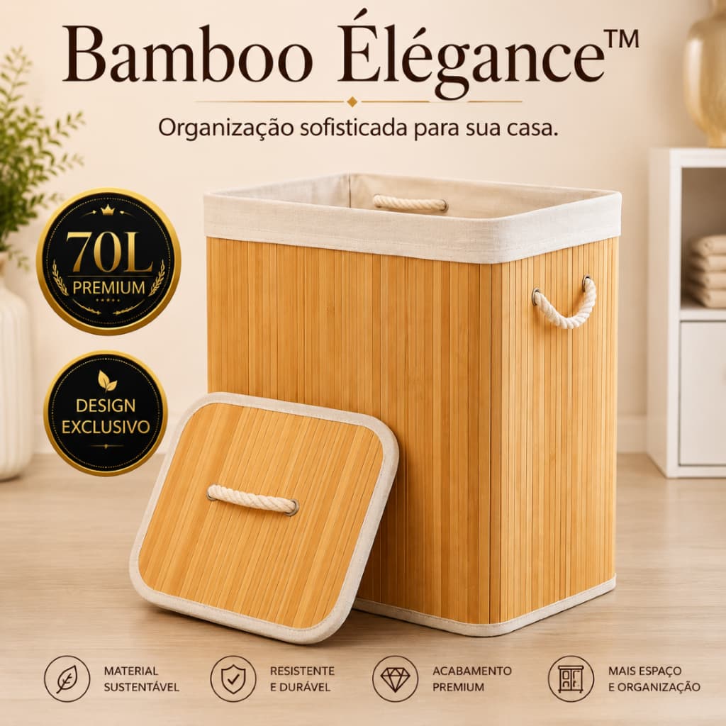 Cesto de Roupa Bambu 70L Com Tampa Organizador Lavanderia Banheiro Quarto Closet