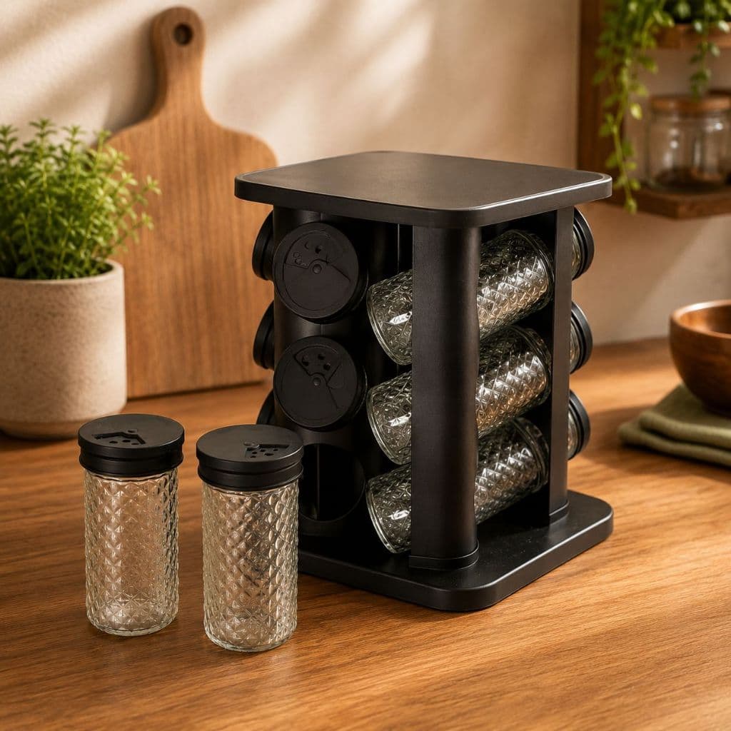 Porta Temperos e Condimento 12 peças Giratório Preto