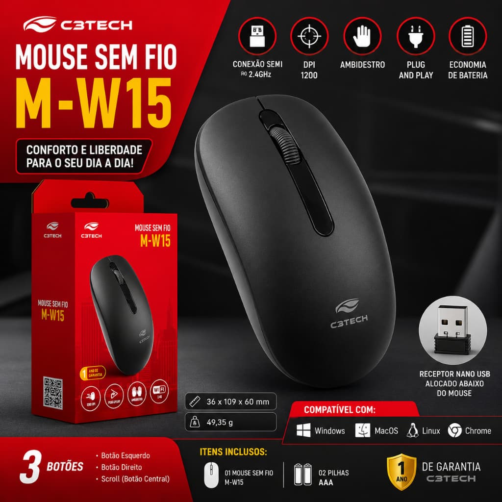 Mouse Sem Fio C3Tech M-W15BK Nano USB 2.4GHz 1200 DPI Ambidestro Com Pilhas AAA Preto Até 10 metros