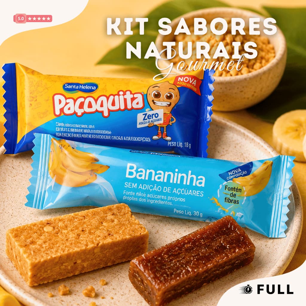 Kit Sabores Naturais Paçoca e Bananinha Sem Açúcar Lanche Saudável e Saboroso para o Dia a Dia