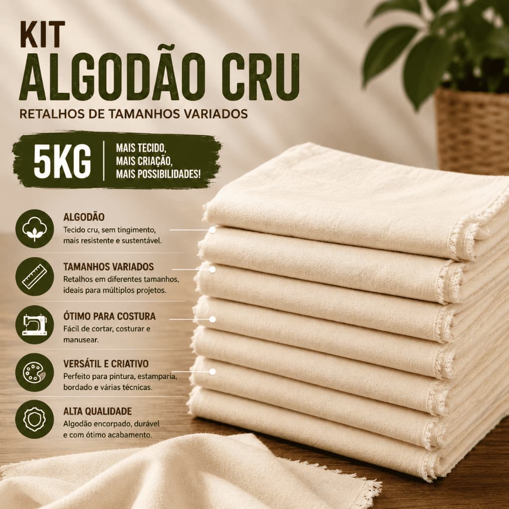 🧵 Kit 5KG Algodão Cru Retalhos Tecido | Artesanato Costura Criativa Ecobag Patchwork Tapetes ✨