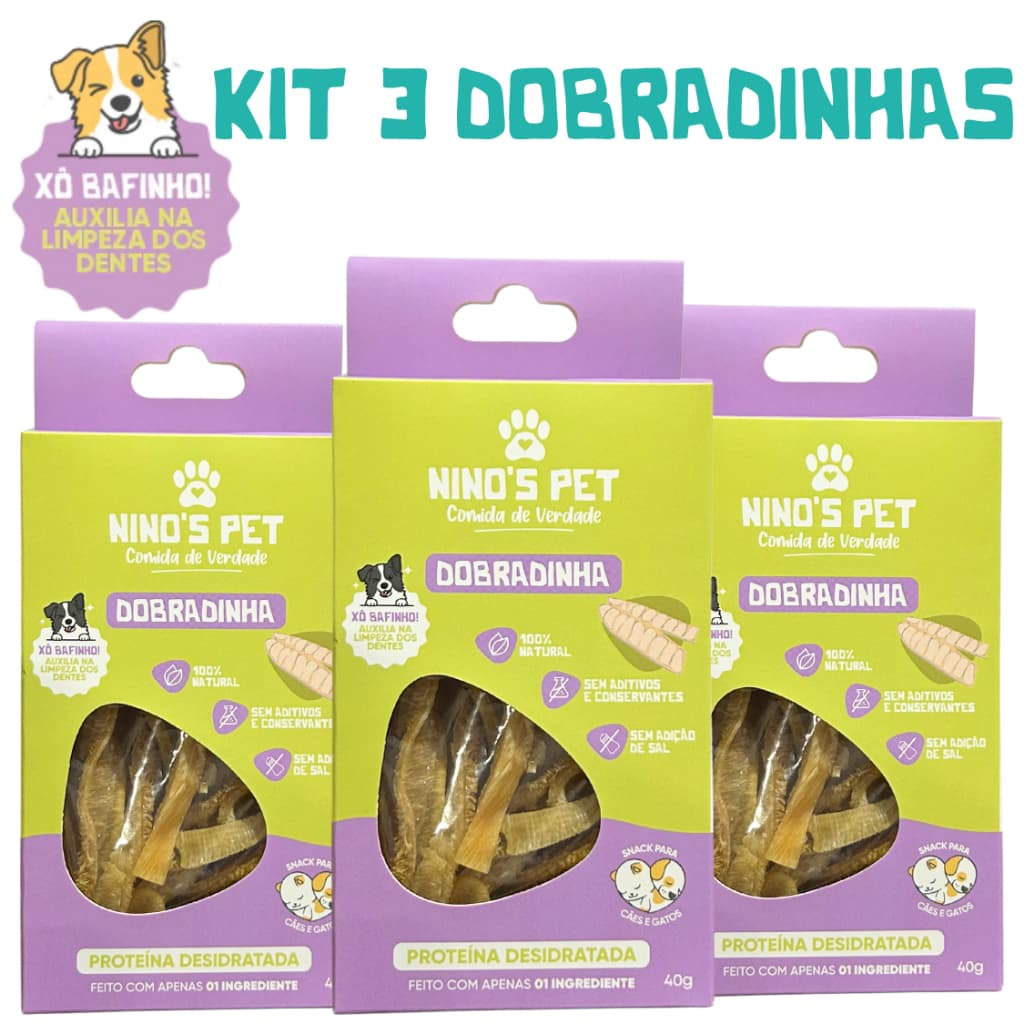 Kit 3 Dobradinha Desidratada Petisco Natural para Cães Snack Mastigável Saudável Xô Bafinho Ninos Pet