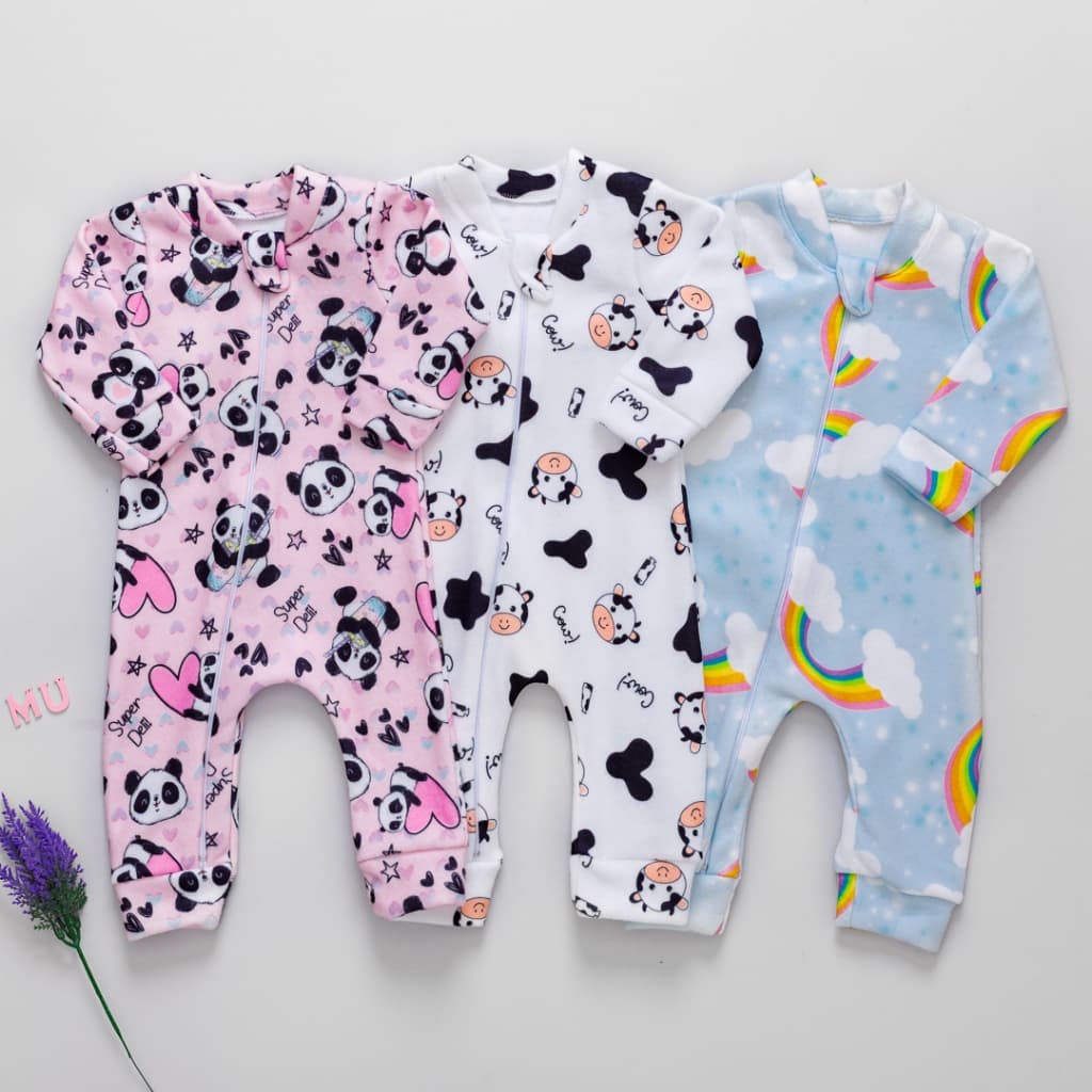 Kit 3 Macacão Enxoval Bebê Soft Plush Estampado Recém Nascido Zíper Frontal Inverno RN ao 1