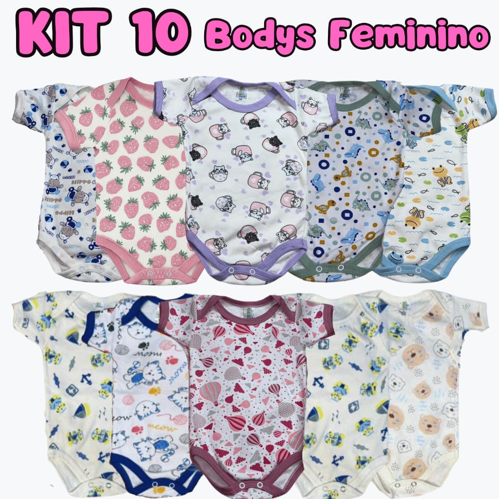 Kit 10 Bodys Bebê Confortável Algodão Macio Estampas Exclusivas Enxoval Completo Menina e Menina