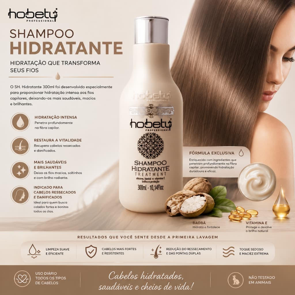 Shampoo Hidratante Hobety 300ml para Cabelos Secos e Opacos