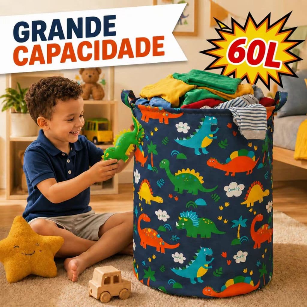 Cesto Organizador de Roupa Suja Infantil Dinossauro 60L Grande Capacidade para Brinquedos Lavanderia Banheiro