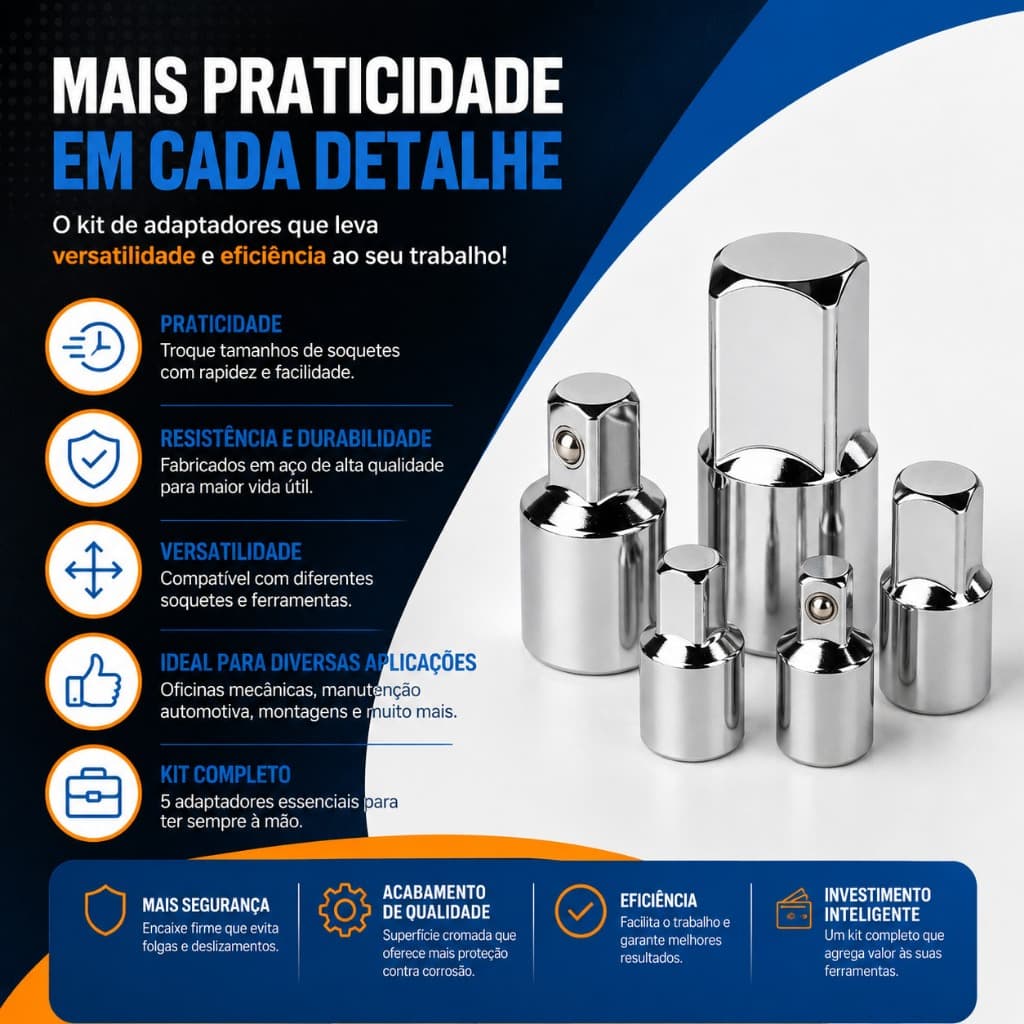 Kit Jogo Adaptadores Para Soquetes 5 Peças EDA 9OD Catraca 1/4 3/8 1/2 3/4 Cromado