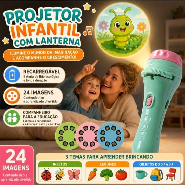Mini Projetor Infantil 3 Discos Lanterna Projetora de Histórias Brinquedo Educativo