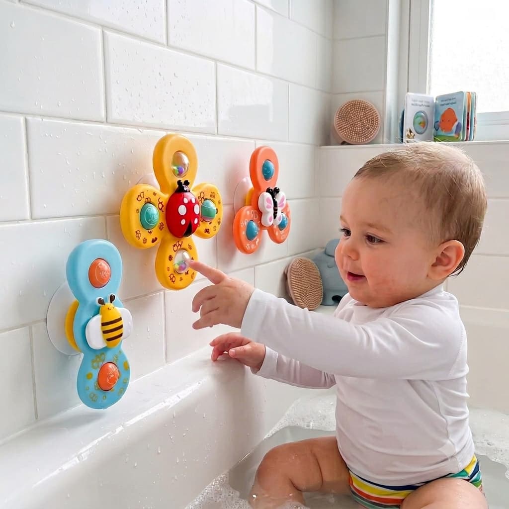 Kit 1/3 Brinquedos Sensorial Bebê Chocalho Ventosa Giratória Spinner Som Banho Infantil Educativo