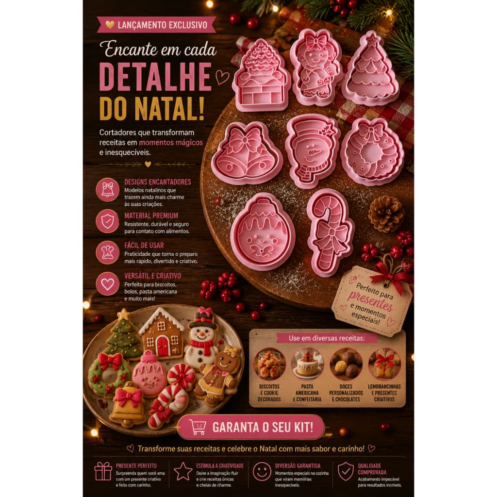Kit Cortadores Natalinos | Biscoitos | Cookies | Pasta Americana | Massinha de Modelar – 8 Unidades