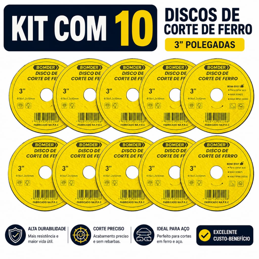 Kit 10 Discos De Corte Ferro Metal Bom-5107 3 Pol Amarelo Bomder