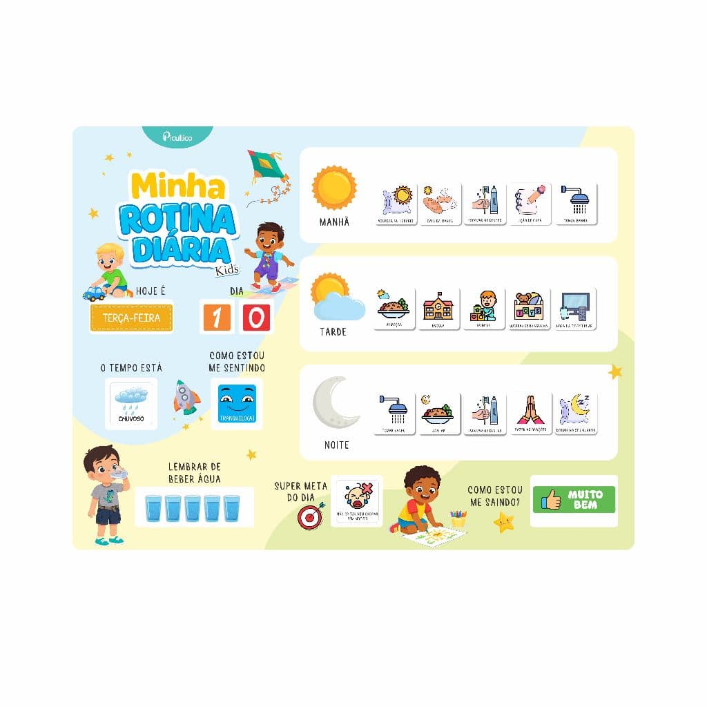 Quadro Minha Rotina Diária Educativo Infantil Feito em Manta Magnética para fixação na geladeira