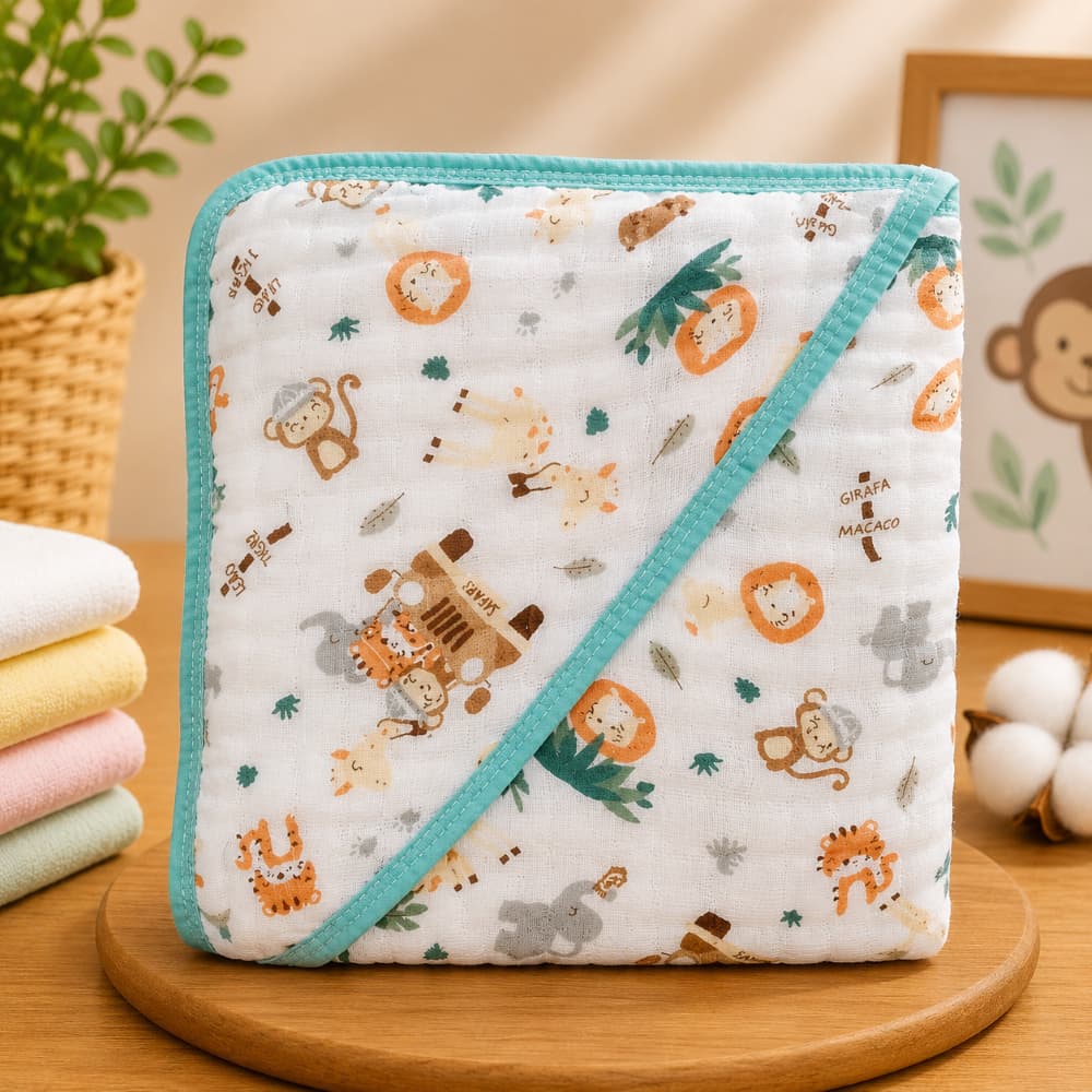 Toalha de Banho para Bebe Tecido de Fralda com Capuz 100% Algodão Enxoval Maternidade