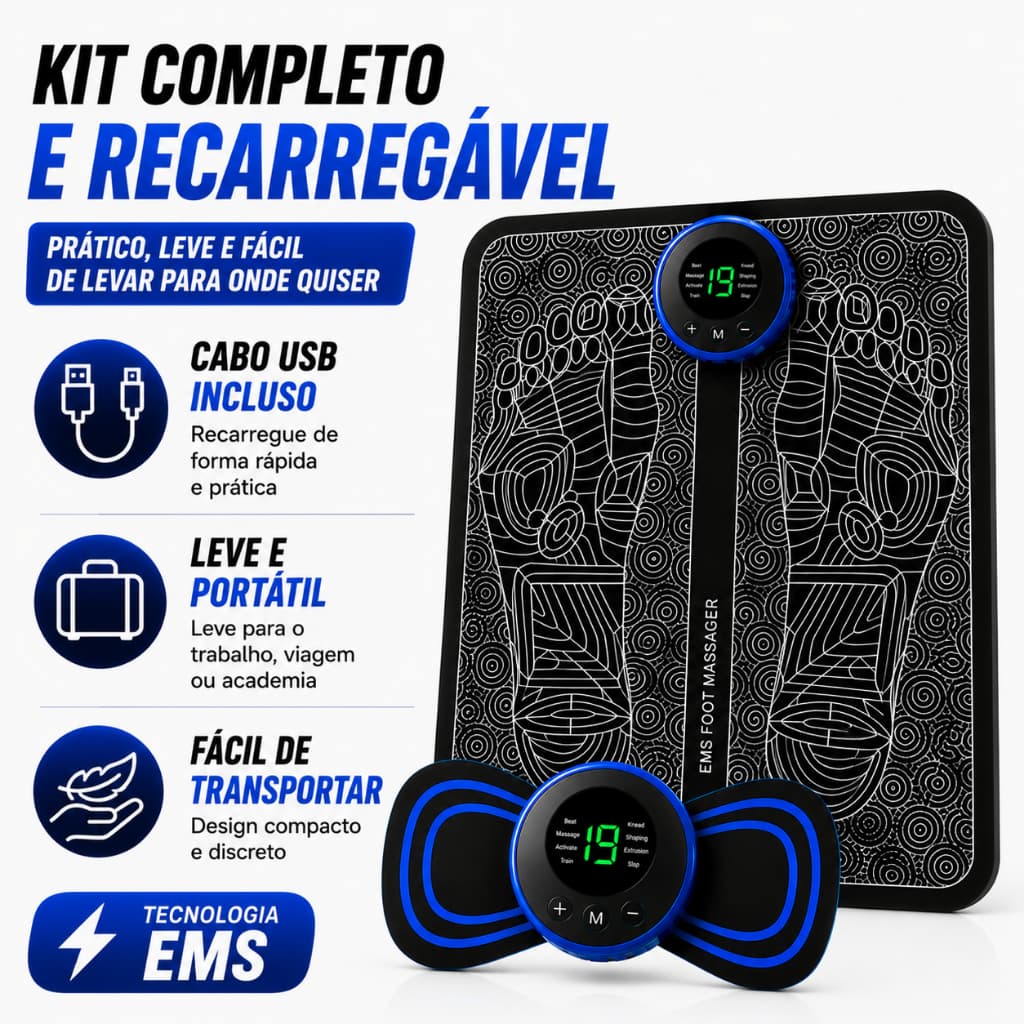 Massageador Elétrico EMS Portátil Kit Completo Com Tapete Massageador Recarregável USB Alívio Muscular