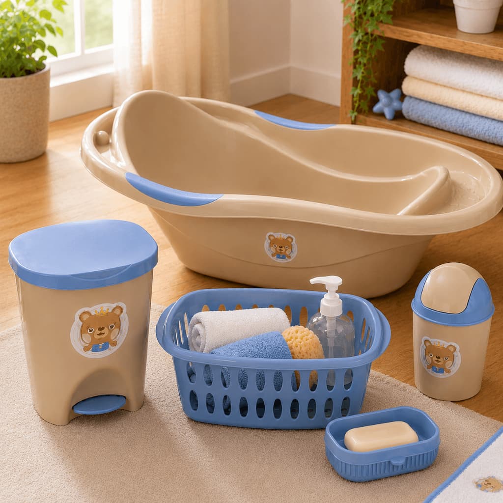 Kit Para Banho Quarto Bebê Baby Menino Banheira Saboneteira Cesto e Lixeiras Azul